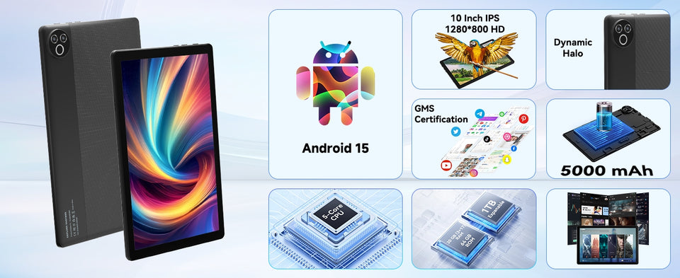 URAO Android 15 Tablet 10.1 Inch 20GB RAM 64GB ROM 5-core Dual Camera Tablets PC Set Keyboard/Case/Mouse/Stylus/Headphone