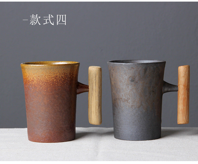 Japanese Vintage Tea Cup Set Ceramic Coffee Mug Rust Glaze Milk Cafe Cup with Wood Handle Water Cup Teacup Home Office Drinkware