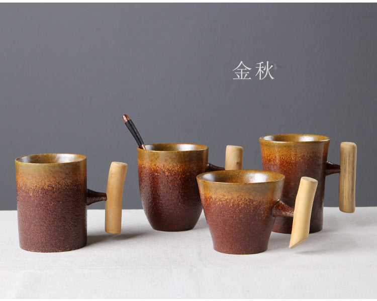 Japanese Vintage Tea Cup Set Ceramic Coffee Mug Rust Glaze Milk Cafe Cup with Wood Handle Water Cup Teacup Home Office Drinkware