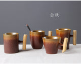 Japanese Vintage Tea Cup Set Ceramic Coffee Mug Rust Glaze Milk Cafe Cup with Wood Handle Water Cup Teacup Home Office Drinkware