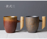 Japanese Vintage Tea Cup Set Ceramic Coffee Mug Rust Glaze Milk Cafe Cup with Wood Handle Water Cup Teacup Home Office Drinkware
