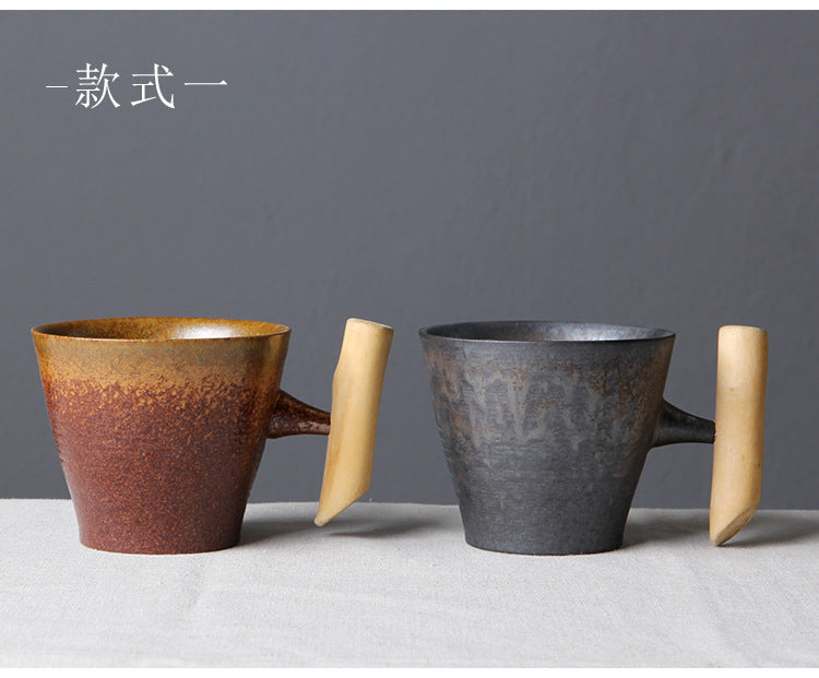 Japanese Vintage Tea Cup Set Ceramic Coffee Mug Rust Glaze Milk Cafe Cup with Wood Handle Water Cup Teacup Home Office Drinkware