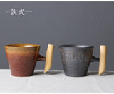 Japanese Vintage Tea Cup Set Ceramic Coffee Mug Rust Glaze Milk Cafe Cup with Wood Handle Water Cup Teacup Home Office Drinkware