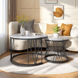 Superaly Marble-Effect Coffee Table Set of 2, Round Sofa Table with Metal Frame, Dining Table, Side Table for Living Room