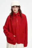 ELFSACK 2024 Winter New Arrivals Stand collar loose red knitting cardigan for women with zipper pockets threaded closure