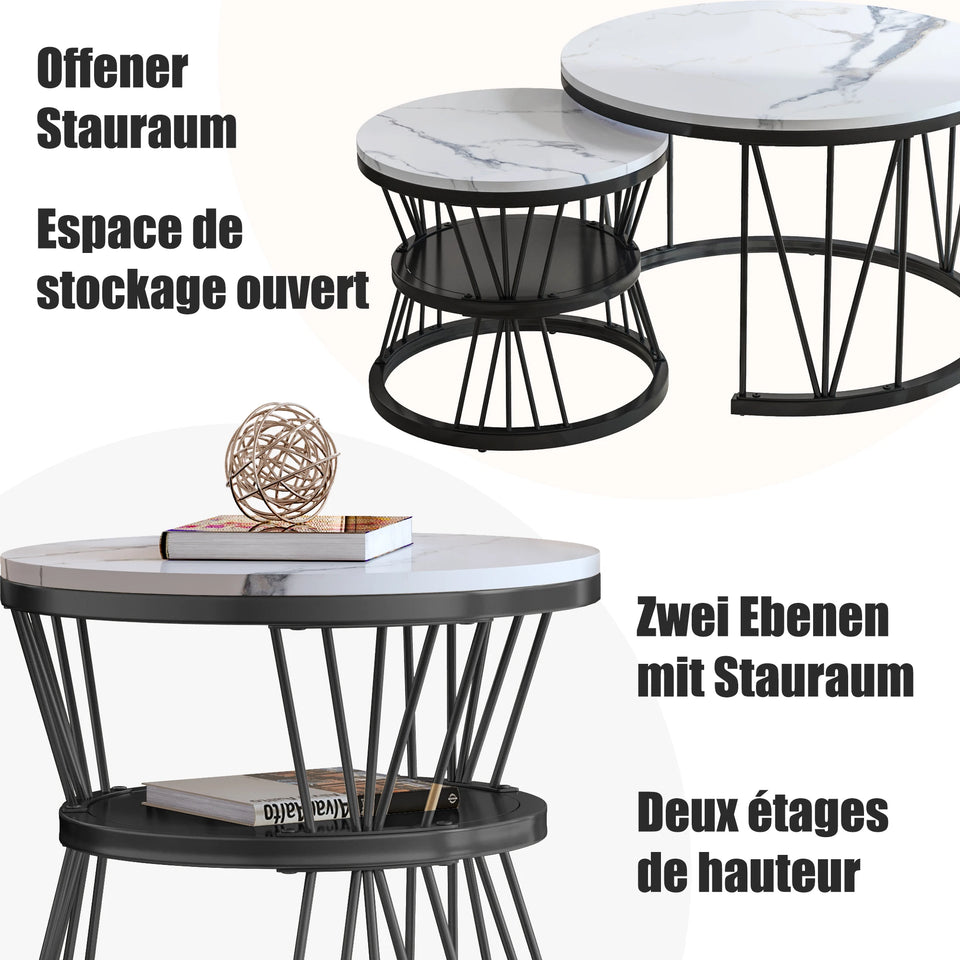 Superaly Marble-Effect Coffee Table Set of 2, Round Sofa Table with Metal Frame, Dining Table, Side Table for Living Room