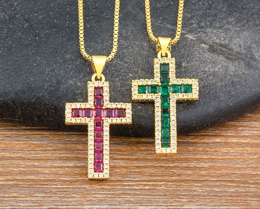 AIBEF New Arrivals Cross Crystal Pendant Necklace Copper Cubic Zircon Choker 6 Colors Choice Religion Jewelry Accessory Gift