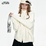 ELFSACK 2024 Winter New Arrivals Stand collar loose red knitting cardigan for women with zipper pockets threaded closure