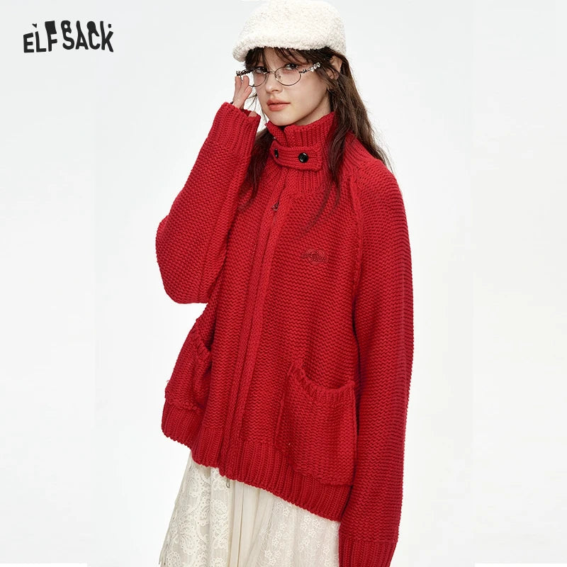ELFSACK 2024 Winter New Arrivals Stand collar loose red knitting cardigan for women with zipper pockets threaded closure