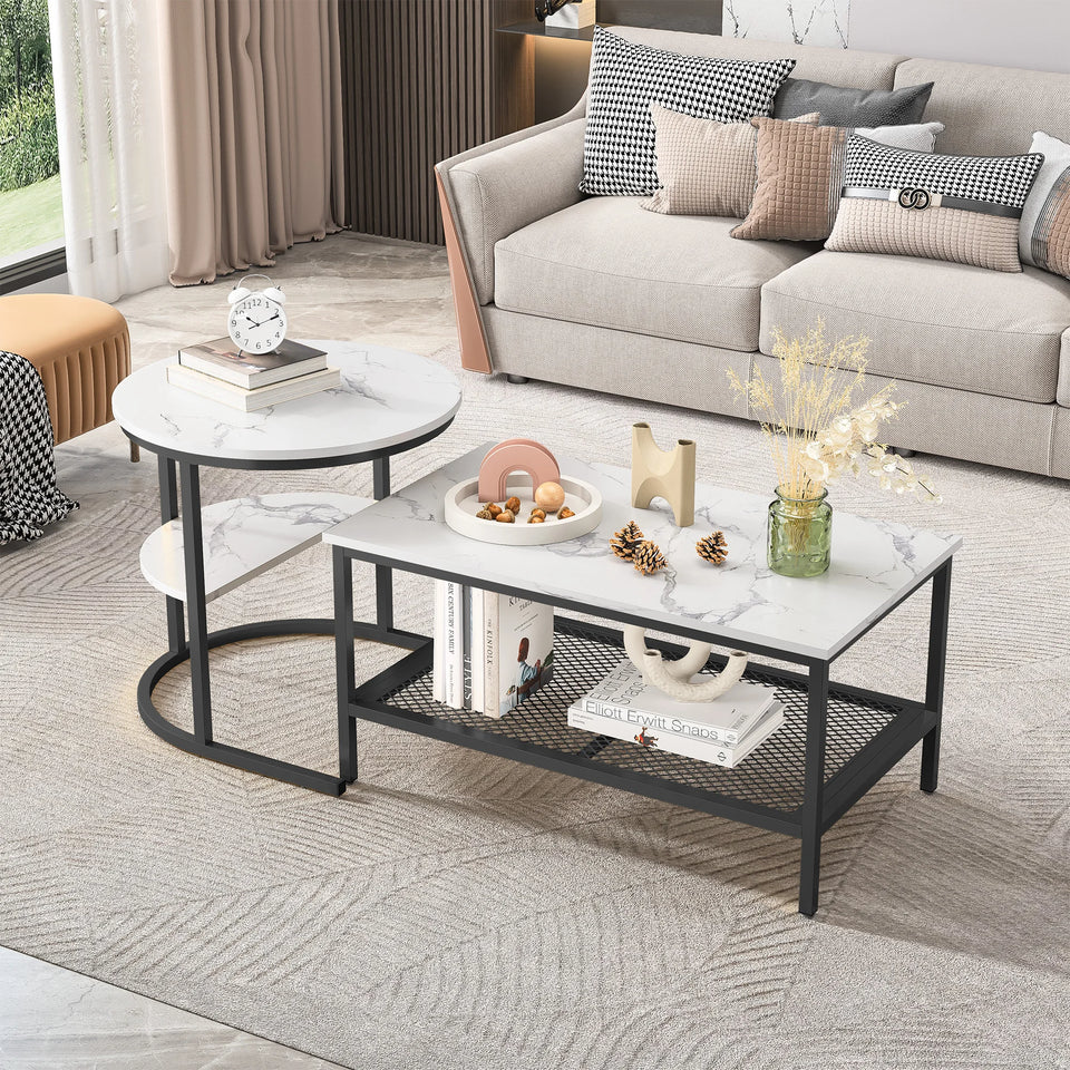 Urban Luxe coffee table with Adjustable Feet, Metal Surface Marble Slab side table living room Table Black