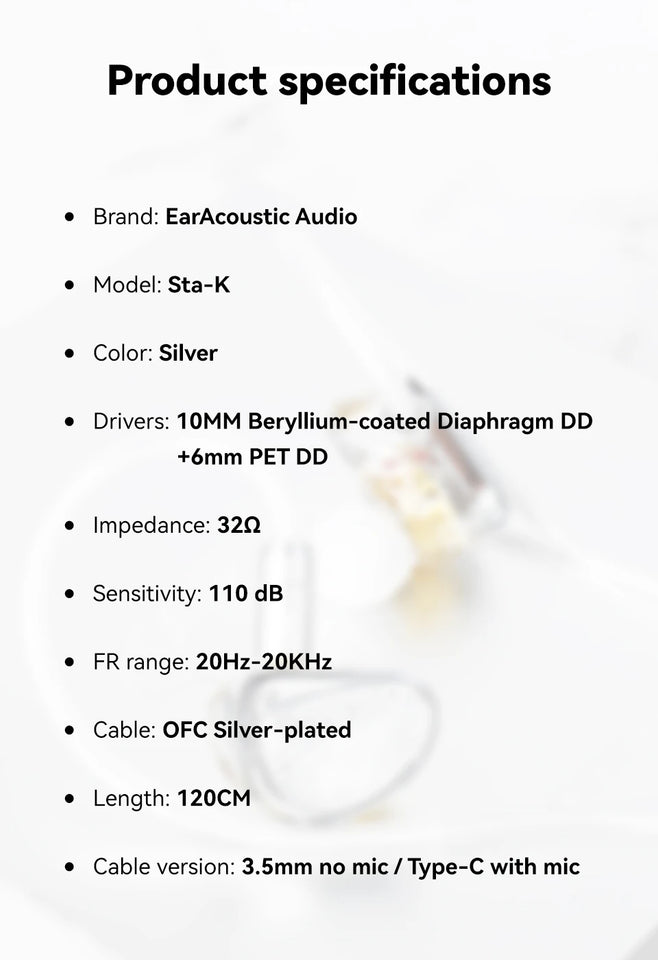 EarAcoustic Audio Sta-K Dual Driver In Ear Earphones HIFI Bass Earbuds High Sound Quality Monitor Headphones Gaming Headsets