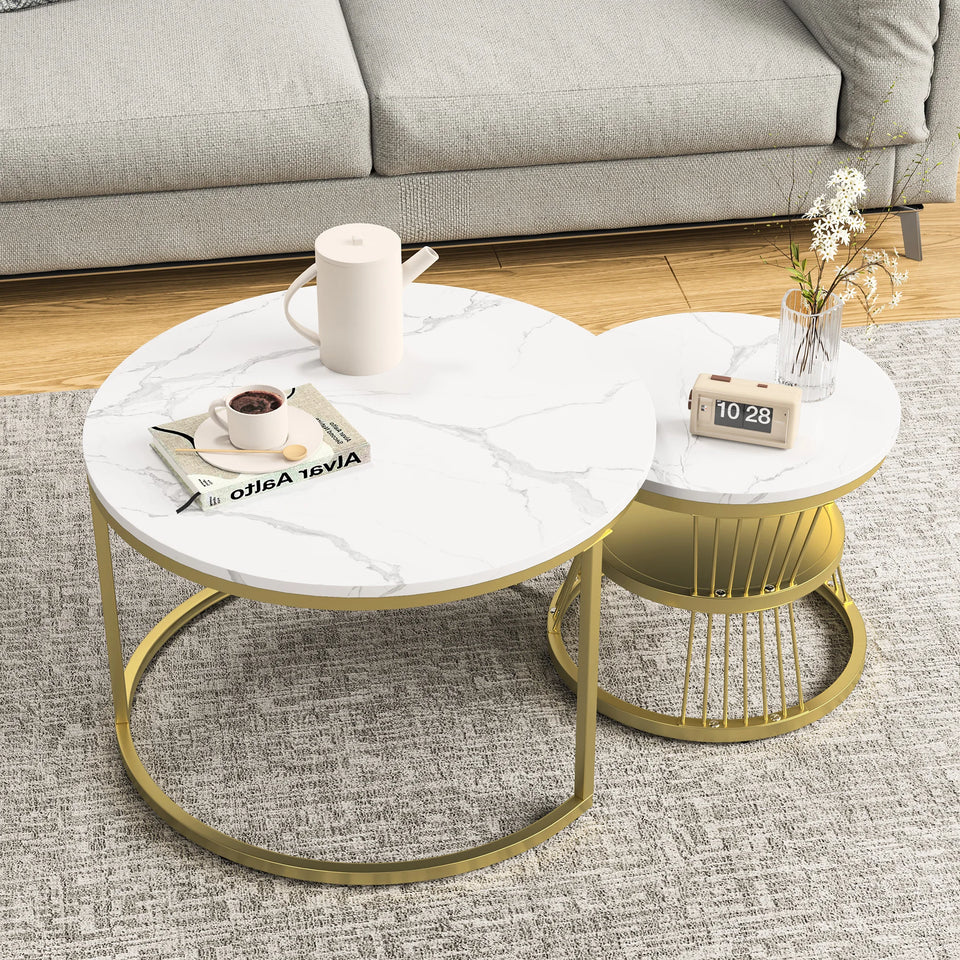Superaly Marble-Effect Coffee Table Set of 2, Round Sofa Table with Metal Frame, Dining Table, Side Table for Living Room