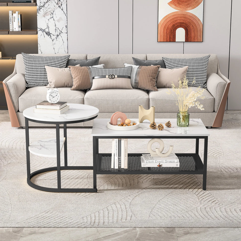 Urban Luxe coffee table with Adjustable Feet, Metal Surface Marble Slab side table living room Table Black