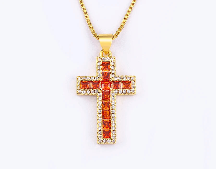 AIBEF New Arrivals Cross Crystal Pendant Necklace Copper Cubic Zircon Choker 6 Colors Choice Religion Jewelry Accessory Gift