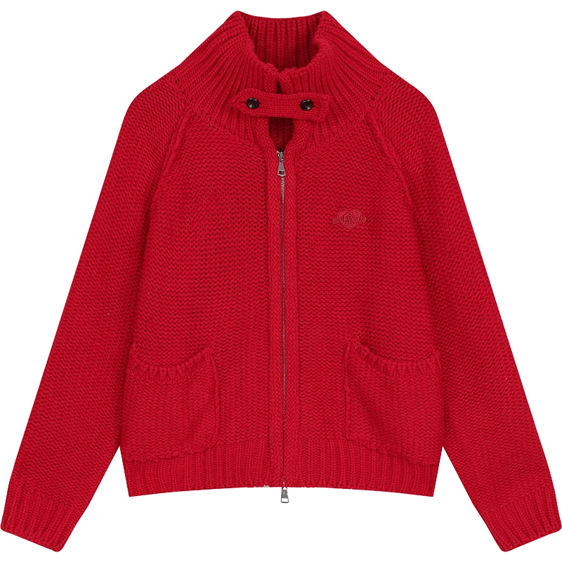ELFSACK 2024 Winter New Arrivals Stand collar loose red knitting cardigan for women with zipper pockets threaded closure