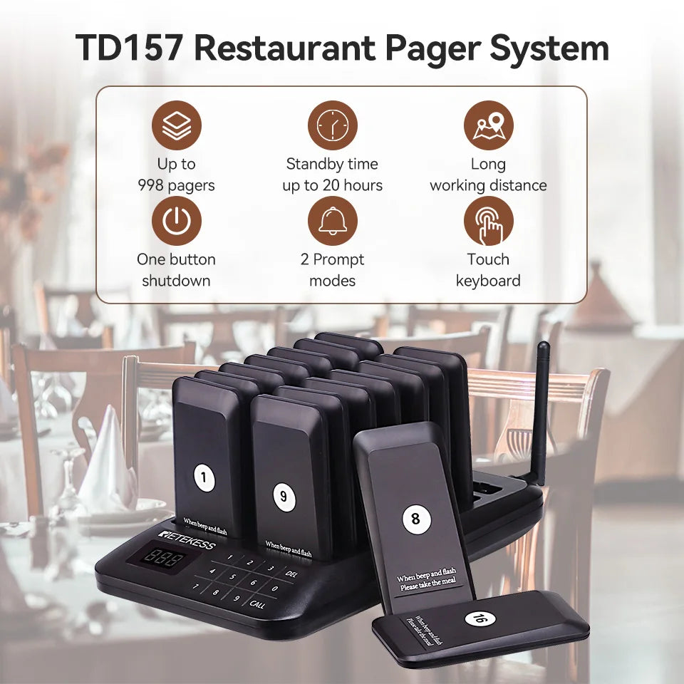 RETEKESS TD157 Restaurant Pager System Pagers 984ft Long Range Beepers for Food Truck Bars  Food Court No Vibration Mode