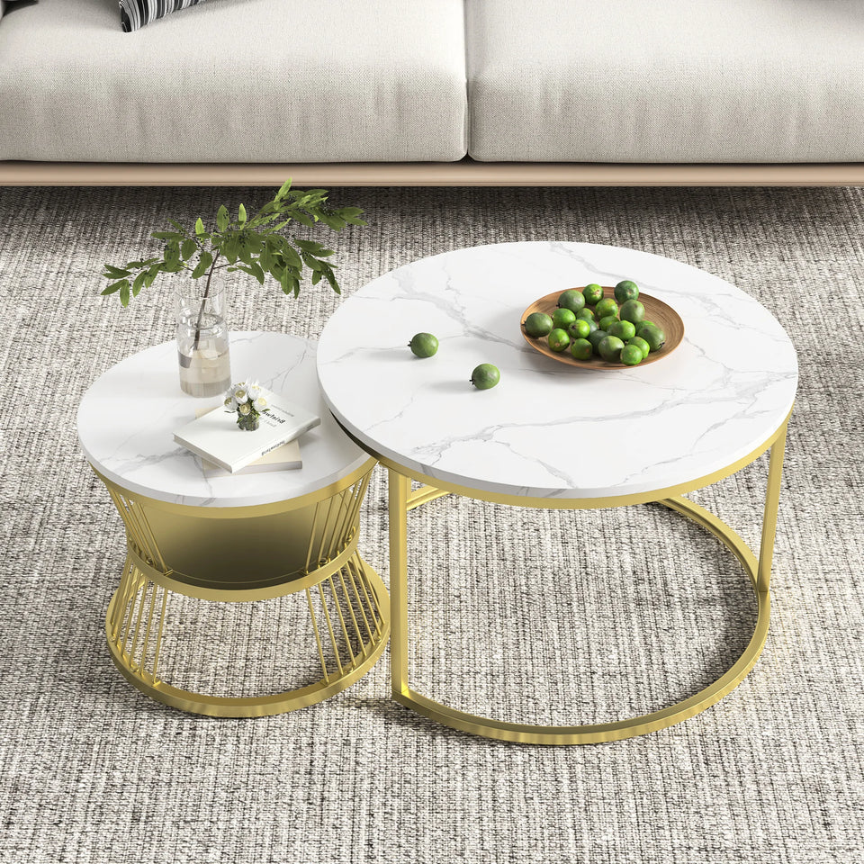 Superaly Marble-Effect Coffee Table Set of 2, Round Sofa Table with Metal Frame, Dining Table, Side Table for Living Room