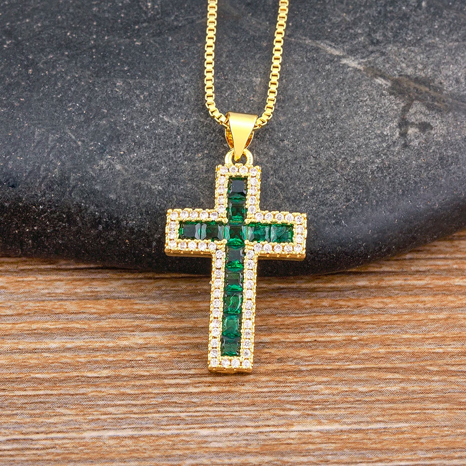 AIBEF New Arrivals Cross Crystal Pendant Necklace Copper Cubic Zircon Choker 6 Colors Choice Religion Jewelry Accessory Gift