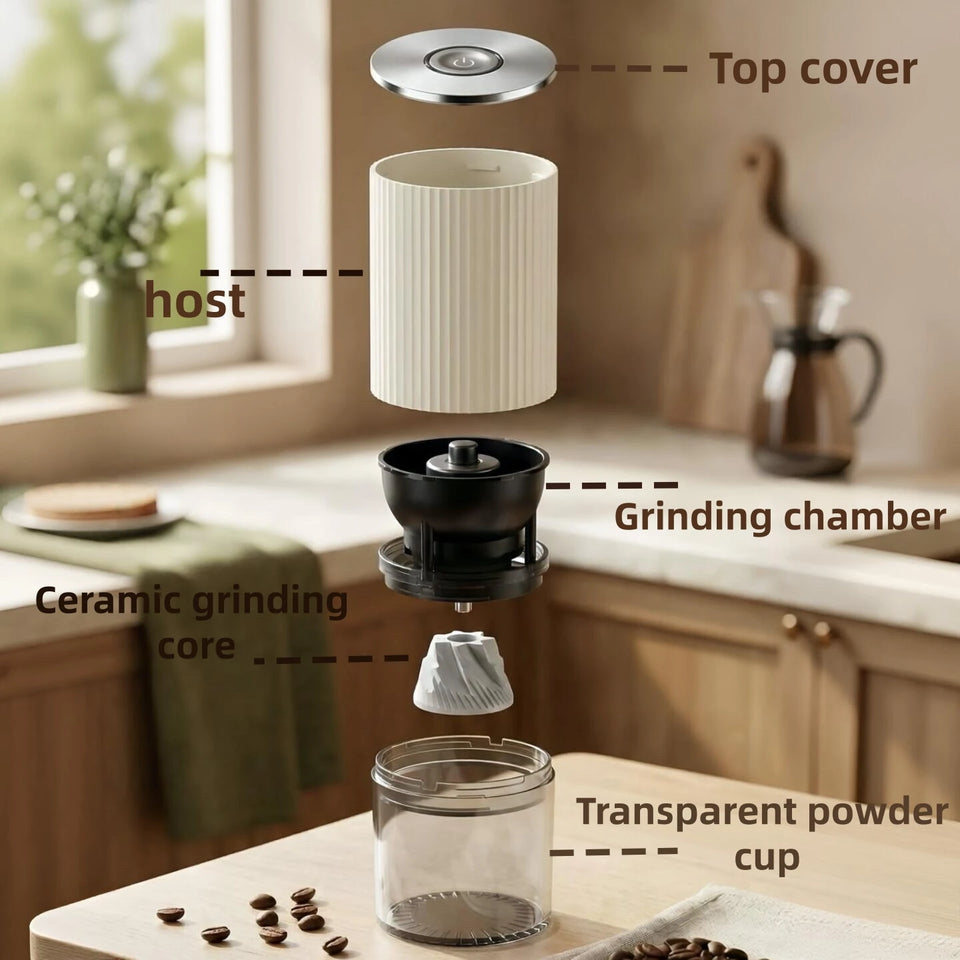 Electric coffee grinder, rechargeable coffee bean grinder with adjustable coarseness, perfect for beverage and kitchen use.