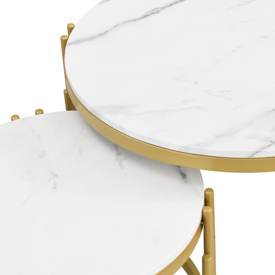 Comanlai Modular Coffee Table Set, Marble Look Round Tables, Modern Side Table, with Gold Metal Frame, for Living Room, Bedroom