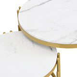 Comanlai Modular Coffee Table Set, Marble Look Round Tables, Modern Side Table, with Gold Metal Frame, for Living Room, Bedroom