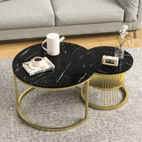 Superaly Marble-Effect Coffee Table Set of 2, Round Sofa Table with Metal Frame, Dining Table, Side Table for Living Room
