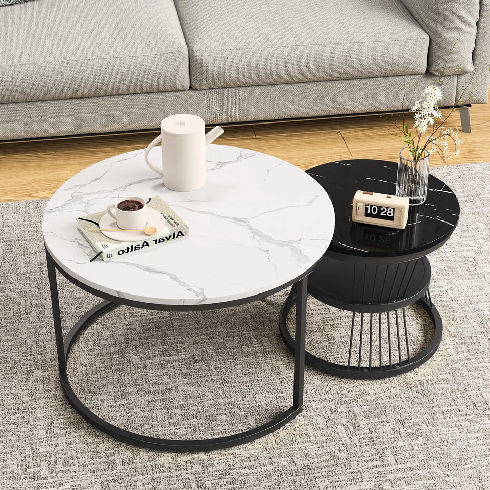 Superaly Marble-Effect Coffee Table Set of 2, Round Sofa Table with Metal Frame, Dining Table, Side Table for Living Room