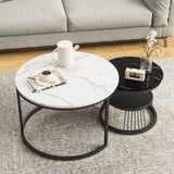 Superaly Marble-Effect Coffee Table Set of 2, Round Sofa Table with Metal Frame, Dining Table, Side Table for Living Room