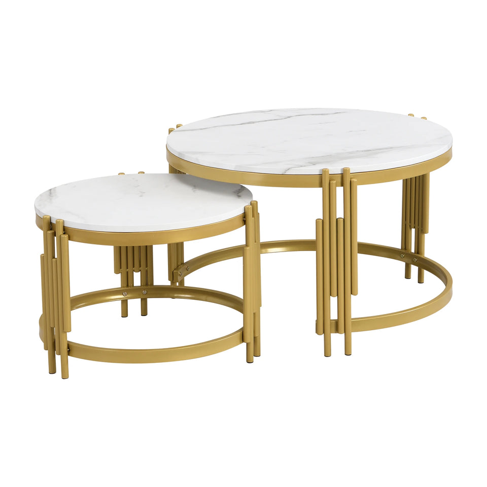 Comanlai Modular Coffee Table Set, Marble Look Round Tables, Modern Side Table, with Gold Metal Frame, for Living Room, Bedroom