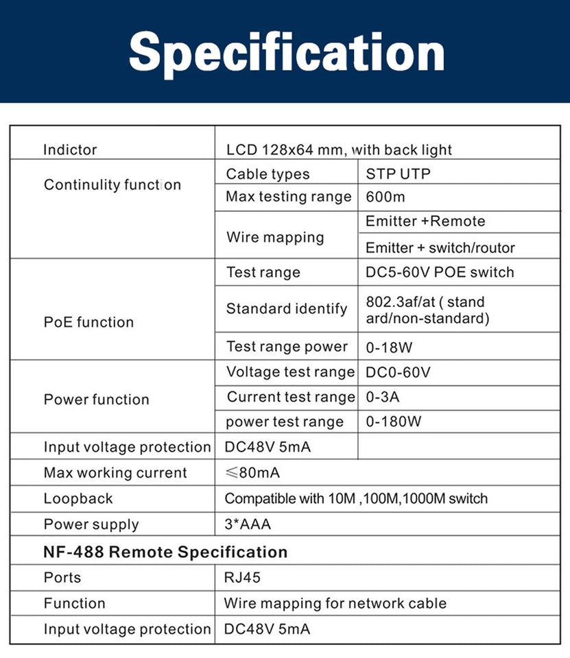 NOYAFA NF-488 Network Cable Tester PoE Switch Online Test PoE Voltage Polarity Cable Tracker Loop Test Tool with LCD Display