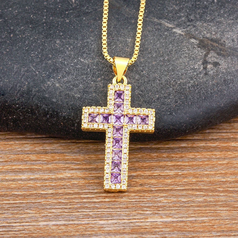 AIBEF New Arrivals Cross Crystal Pendant Necklace Copper Cubic Zircon Choker 6 Colors Choice Religion Jewelry Accessory Gift