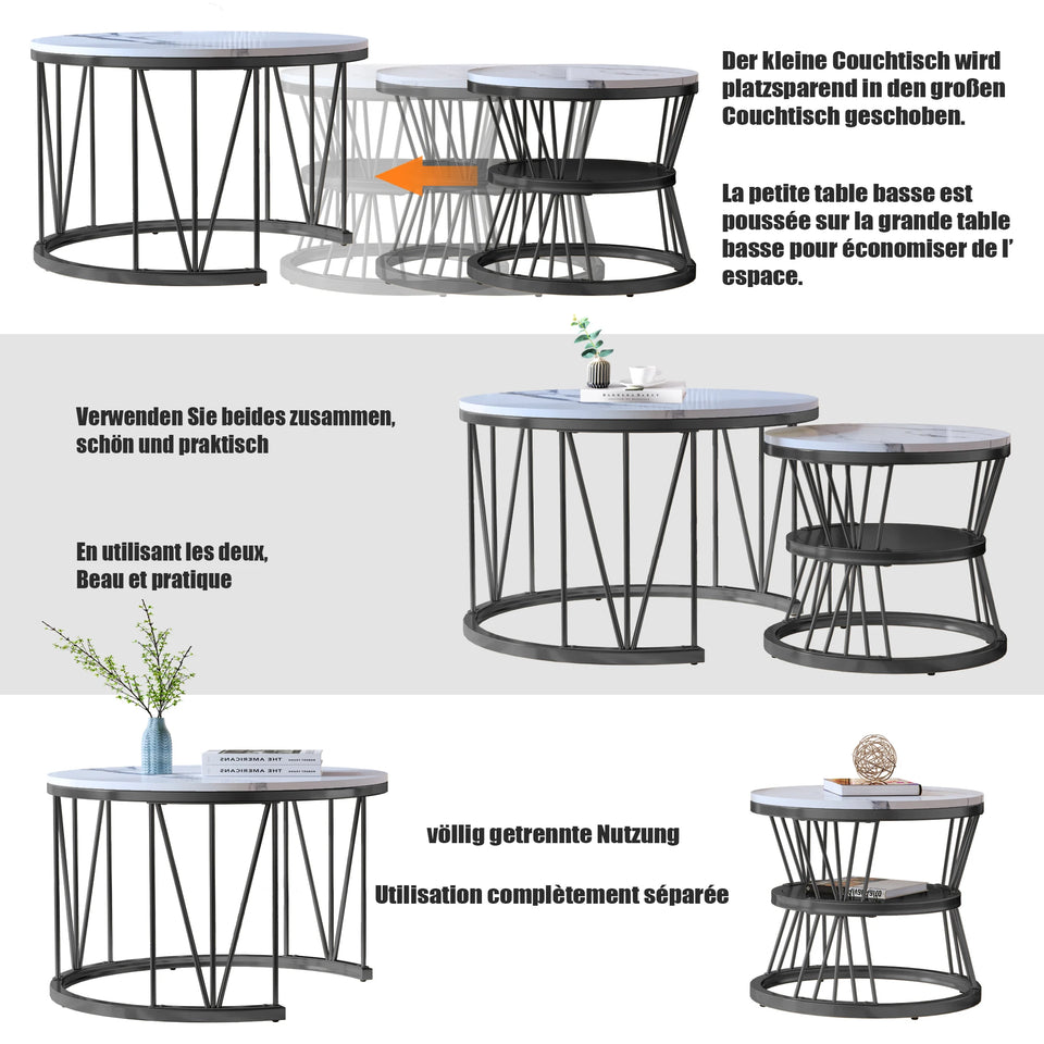 Superaly Marble-Effect Coffee Table Set of 2, Round Sofa Table with Metal Frame, Dining Table, Side Table for Living Room