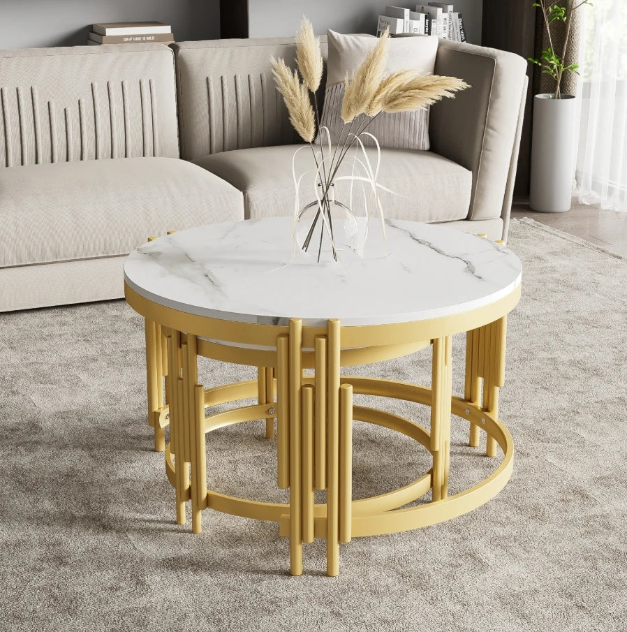 Comanlai Modular Coffee Table Set, Marble Look Round Tables, Modern Side Table, with Gold Metal Frame, for Living Room, Bedroom