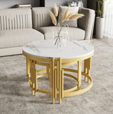 Comanlai Modular Coffee Table Set, Marble Look Round Tables, Modern Side Table, with Gold Metal Frame, for Living Room, Bedroom