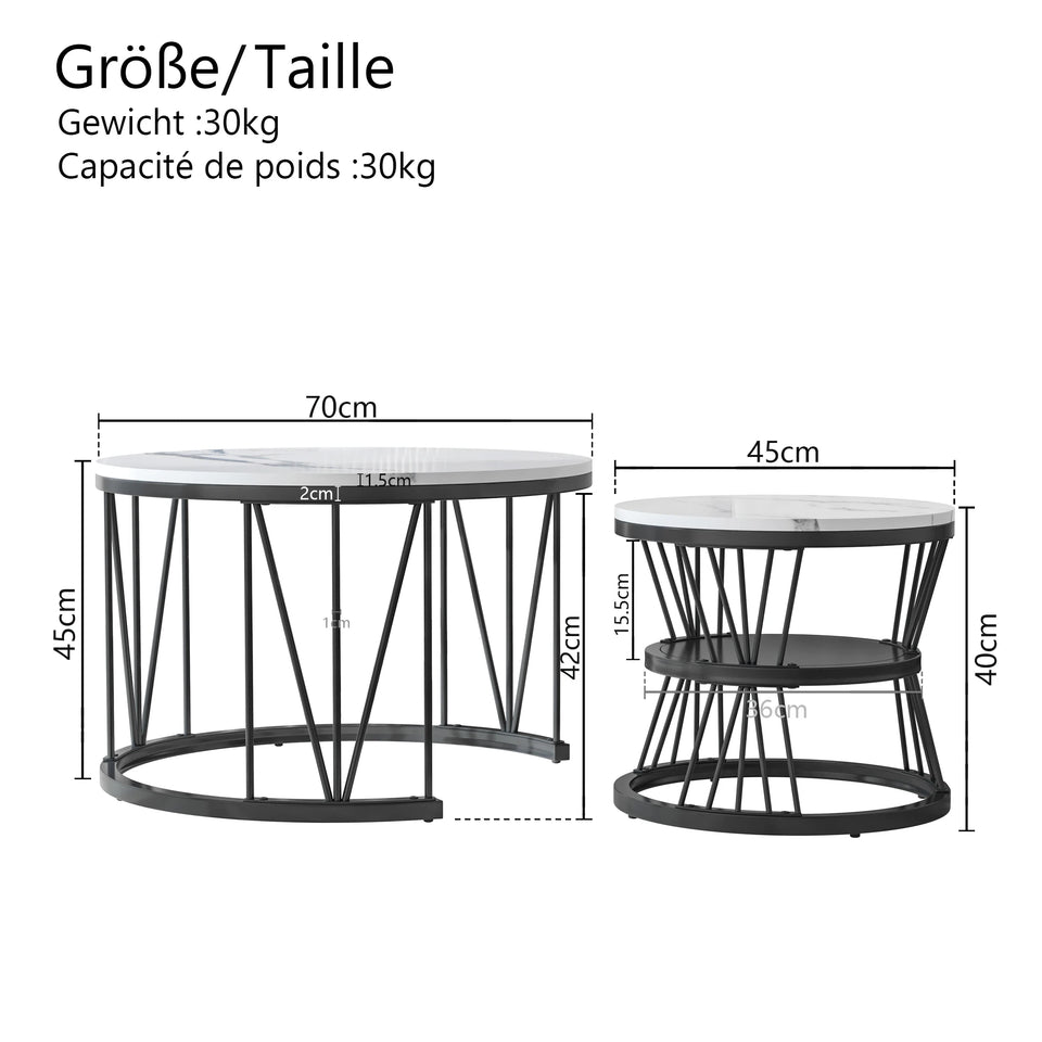 Superaly Marble-Effect Coffee Table Set of 2, Round Sofa Table with Metal Frame, Dining Table, Side Table for Living Room