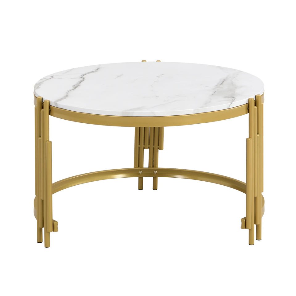 Comanlai Modular Coffee Table Set, Marble Look Round Tables, Modern Side Table, with Gold Metal Frame, for Living Room, Bedroom