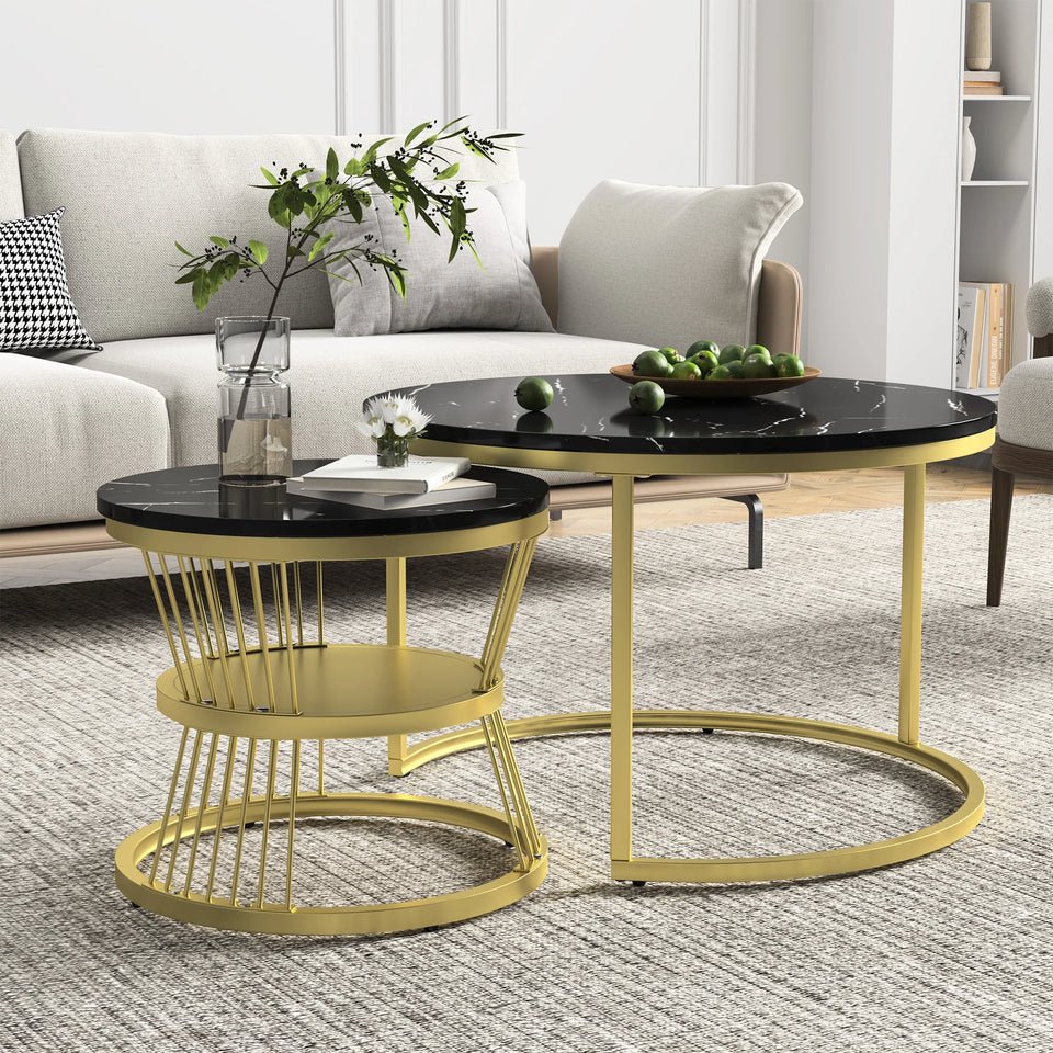 Superaly Marble-Effect Coffee Table Set of 2, Round Sofa Table with Metal Frame, Dining Table, Side Table for Living Room