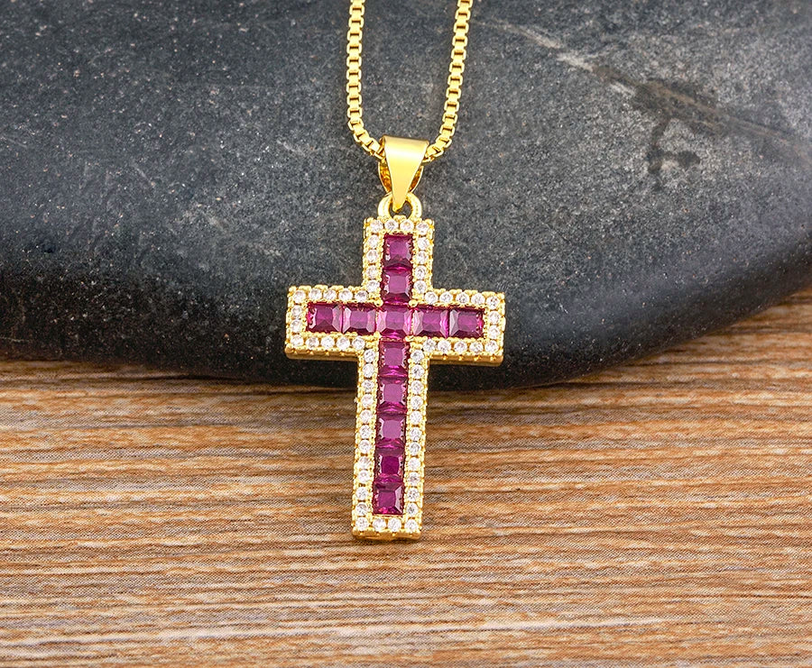 AIBEF New Arrivals Cross Crystal Pendant Necklace Copper Cubic Zircon Choker 6 Colors Choice Religion Jewelry Accessory Gift