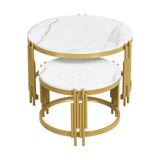 Comanlai Modular Coffee Table Set, Marble Look Round Tables, Modern Side Table, with Gold Metal Frame, for Living Room, Bedroom