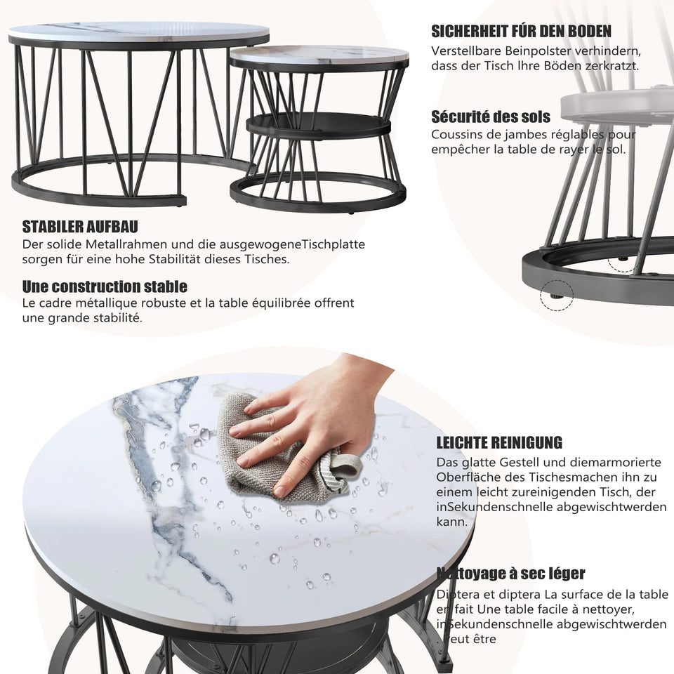 Superaly Marble-Effect Coffee Table Set of 2, Round Sofa Table with Metal Frame, Dining Table, Side Table for Living Room