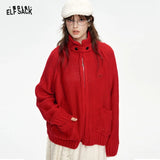 ELFSACK 2024 Winter New Arrivals Stand collar loose red knitting cardigan for women with zipper pockets threaded closure