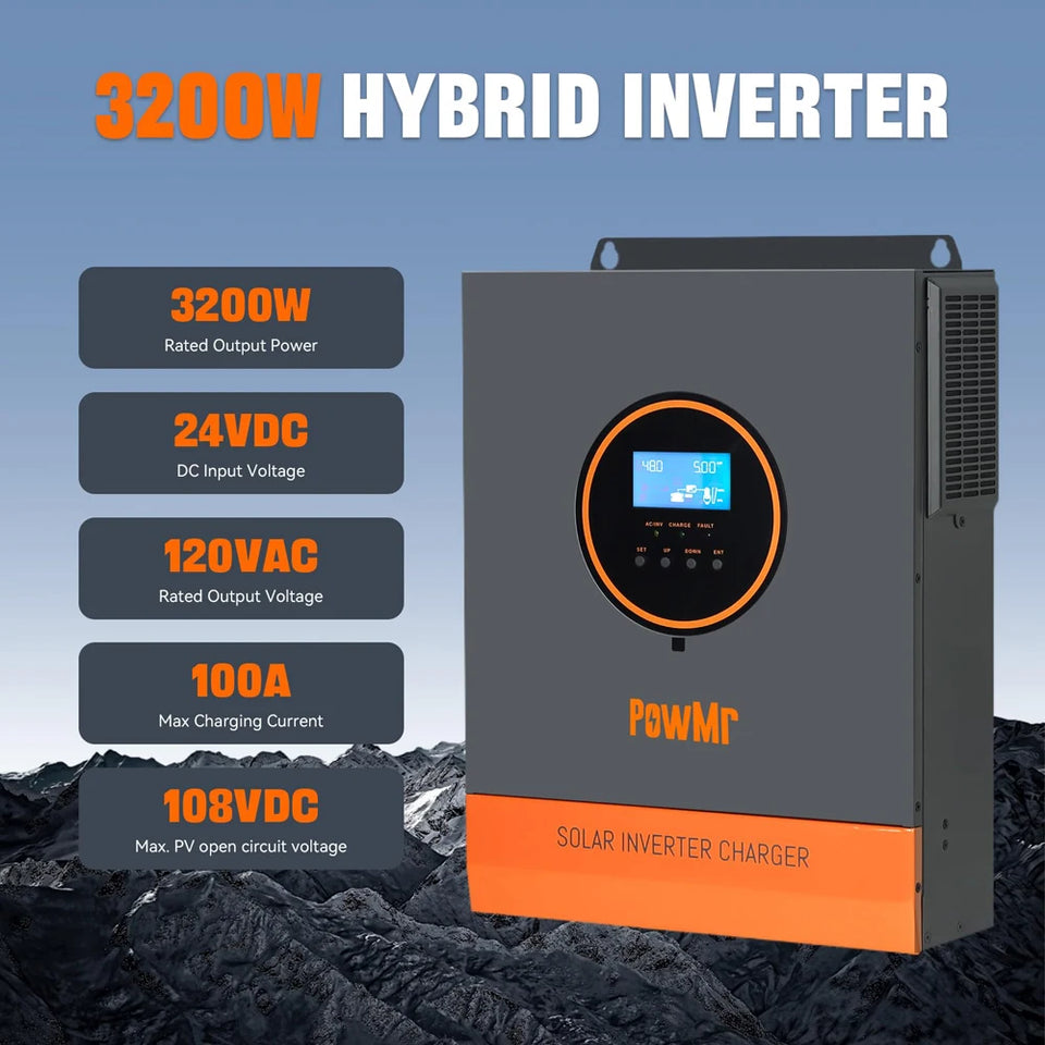 PowMr 3.2KW Hybrid Solar Inverter 24V 110V Off Grid Pure Sine Wave Inverter Single Phase with MPPT 60A Solar Battery Charger