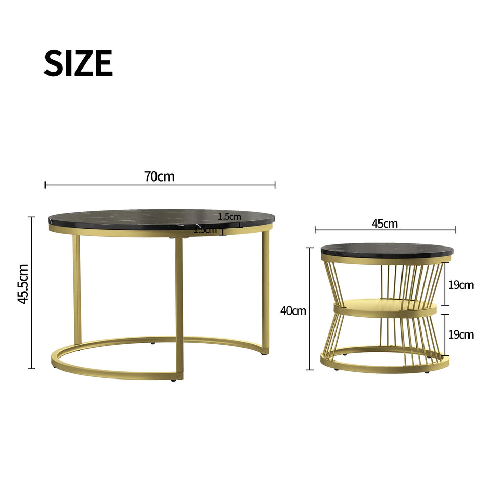 Superaly Marble-Effect Coffee Table Set of 2, Round Sofa Table with Metal Frame, Dining Table, Side Table for Living Room