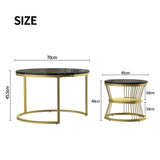 Superaly Marble-Effect Coffee Table Set of 2, Round Sofa Table with Metal Frame, Dining Table, Side Table for Living Room