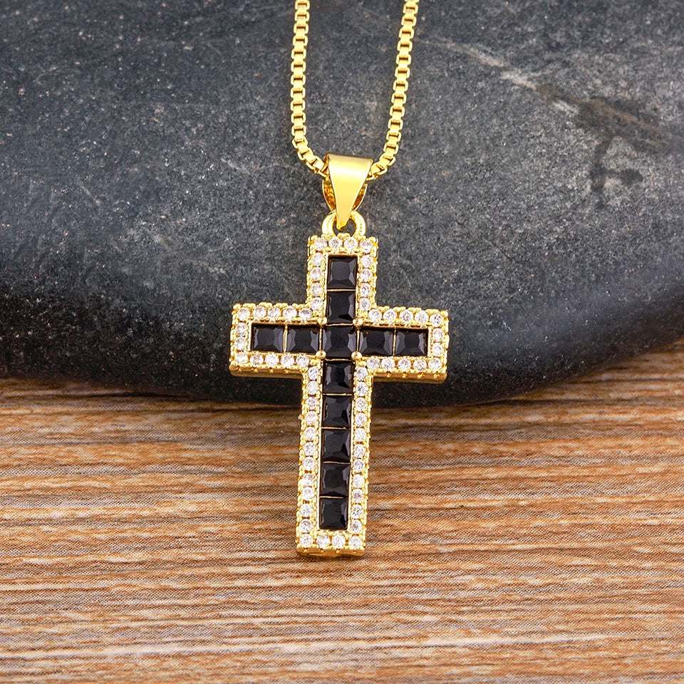 AIBEF New Arrivals Cross Crystal Pendant Necklace Copper Cubic Zircon Choker 6 Colors Choice Religion Jewelry Accessory Gift