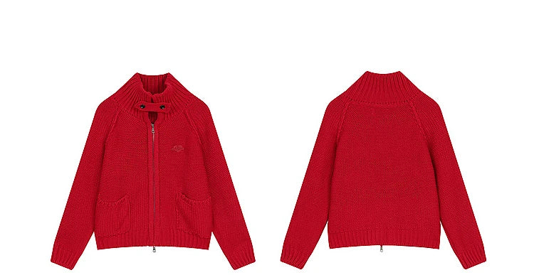 ELFSACK 2024 Winter New Arrivals Stand collar loose red knitting cardigan for women with zipper pockets threaded closure