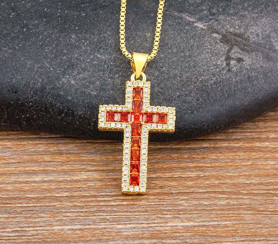 AIBEF New Arrivals Cross Crystal Pendant Necklace Copper Cubic Zircon Choker 6 Colors Choice Religion Jewelry Accessory Gift
