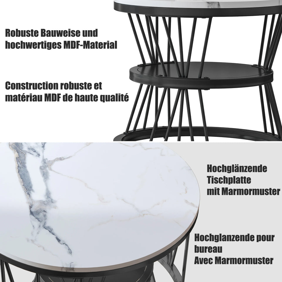 Superaly Marble-Effect Coffee Table Set of 2, Round Sofa Table with Metal Frame, Dining Table, Side Table for Living Room