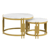 Comanlai Modular Coffee Table Set, Marble Look Round Tables, Modern Side Table, with Gold Metal Frame, for Living Room, Bedroom