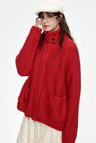 ELFSACK 2024 Winter New Arrivals Stand collar loose red knitting cardigan for women with zipper pockets threaded closure